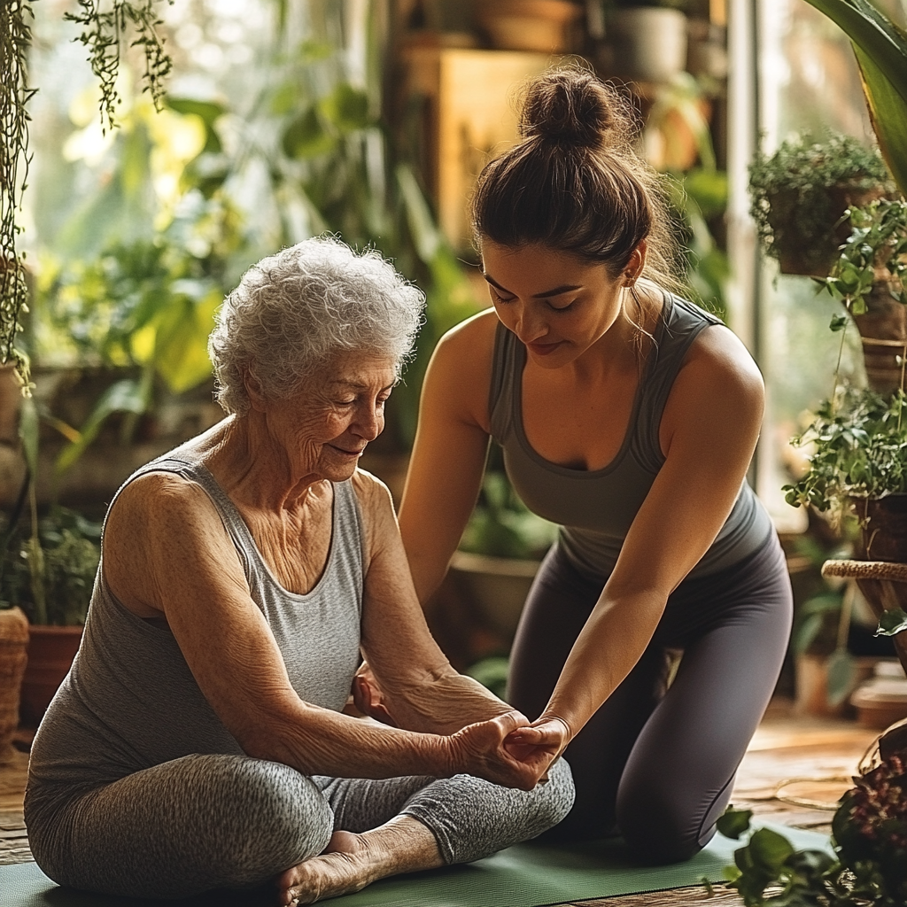 Інструктор йоги допомагає початківцю виконувати асану в затишній студії