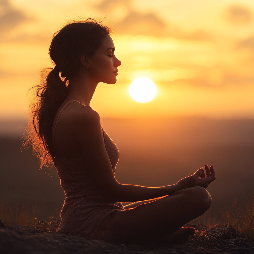 Жінка в позі лотоса під час медитації на заході сонця