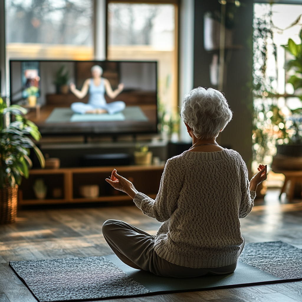 Людина практикує йогу вдома, слідуючи інструкціям онлайн інструктора на екрані ноутбука